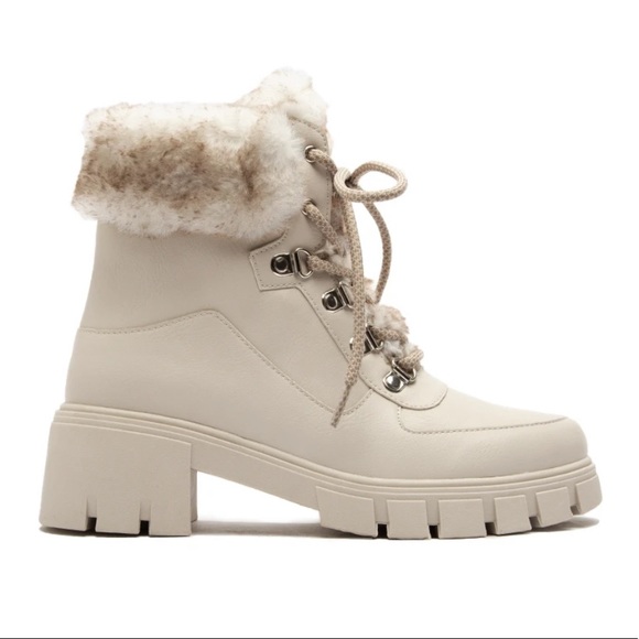 Bone Lace-up Combat boot with faux fur ankle cuff - Picture 12 of 16